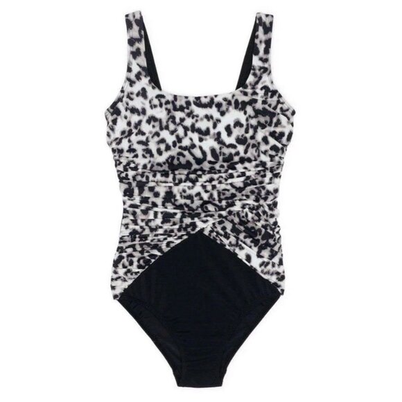 Lands End Swimsuit Size 18DD Leopard Cheetah Black Tummy Control One Piece - Picture 1 of 10